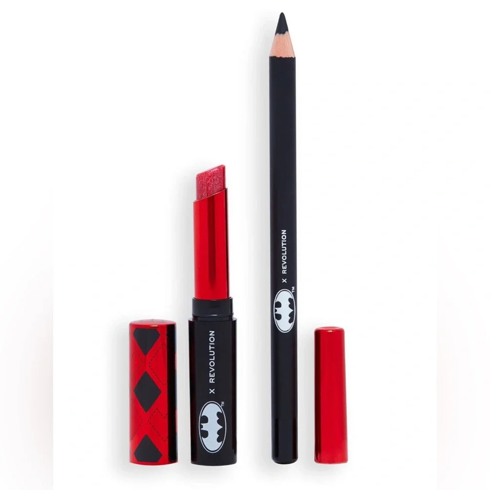 Revolution x DC Dangerous Red Harley Quinn Lip Kit Red Lipstick Black Liner New